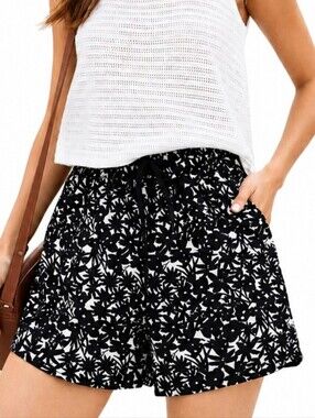 Everlane Seersucker Boxer Shorts Women’s M Black Floral Organic Cotton Coastal